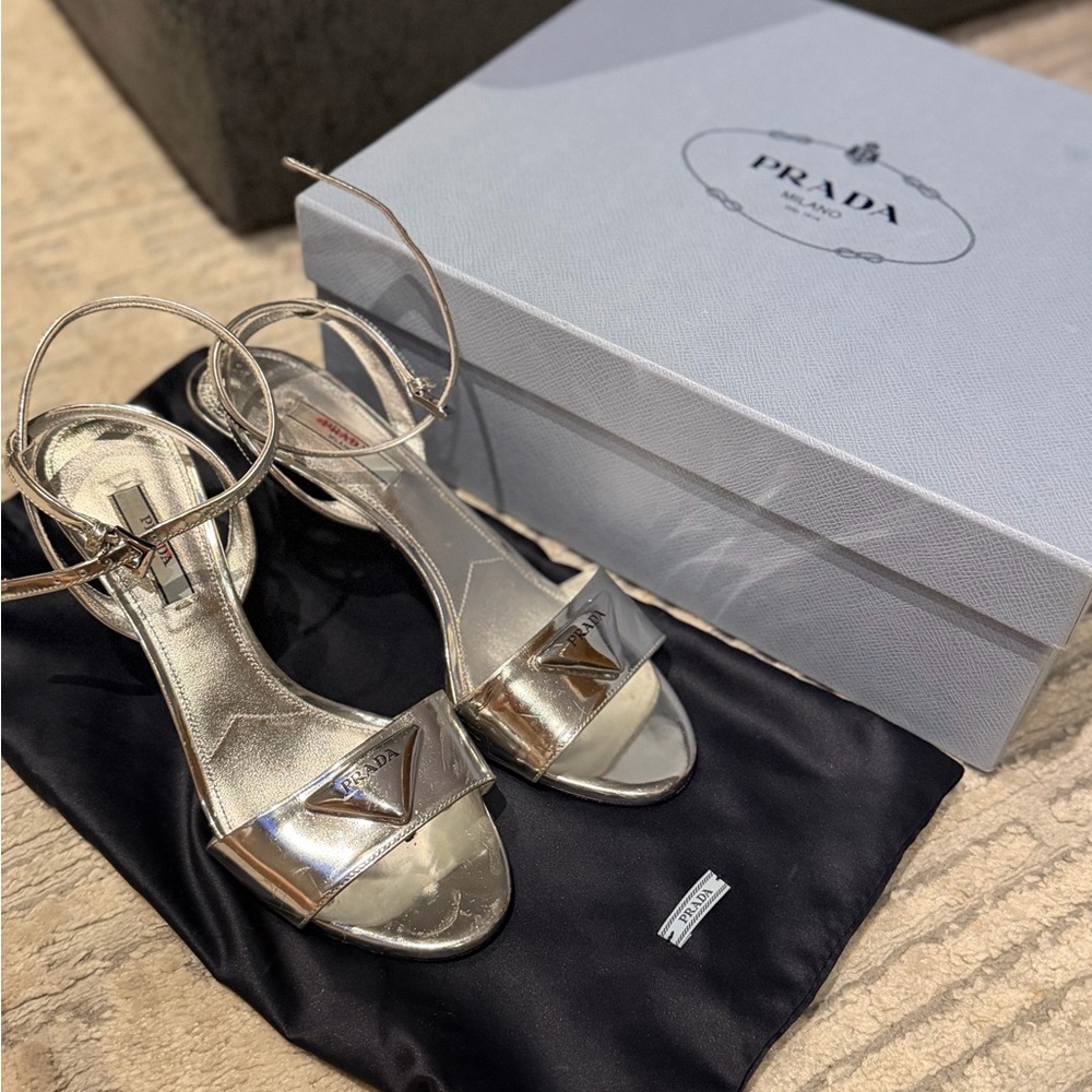 Prada Metallic Silver Open-Toe Ankle-Strap Sandals
